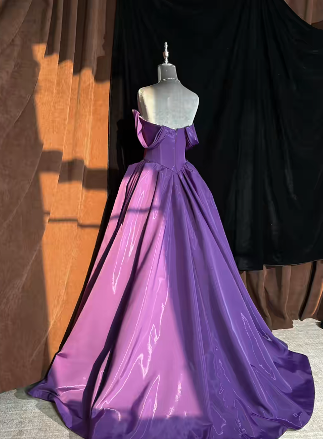 Elegant Purple Prom Dresses Strapless A-Line Long Evening Dress Beaded Satin Sleeveless Birthday Dress ED06749