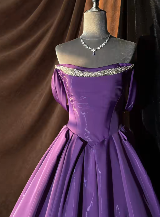 Elegant Purple Prom Dresses Strapless A-Line Long Evening Dress Beaded Satin Sleeveless Birthday Dress ED06749