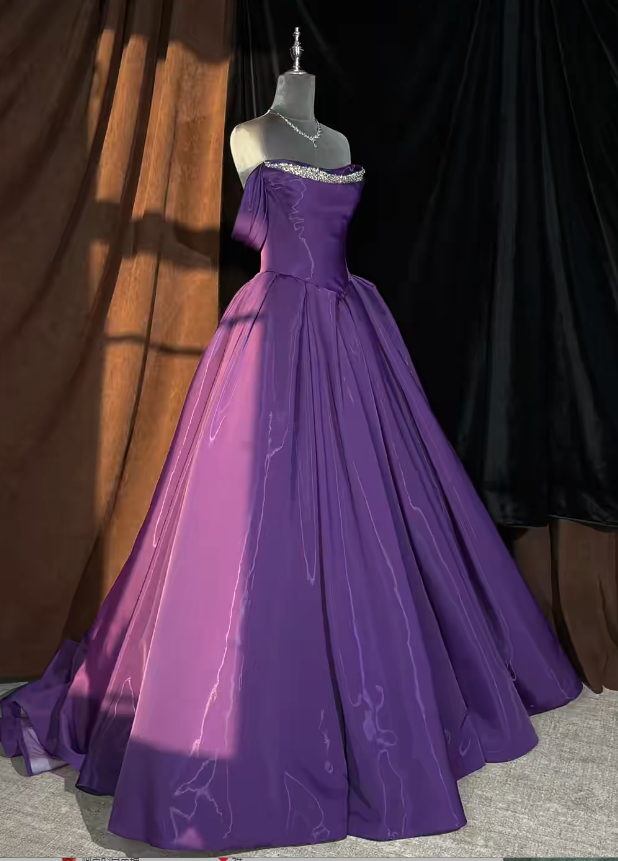 Elegant Purple Prom Dresses Strapless A-Line Long Evening Dress Beaded Satin Sleeveless Birthday Dress ED06749