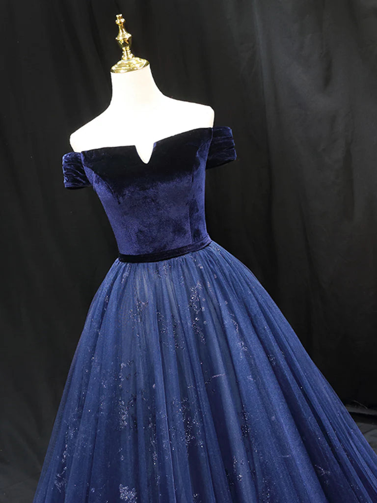 A-Linien-Ballkleid aus blauem Tüllsamt, langes Ballkleid, blaues Abendkleid ED0675