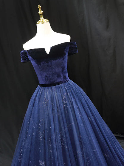 A-Linien-Ballkleid aus blauem Tüllsamt, langes Ballkleid, blaues Abendkleid ED0675