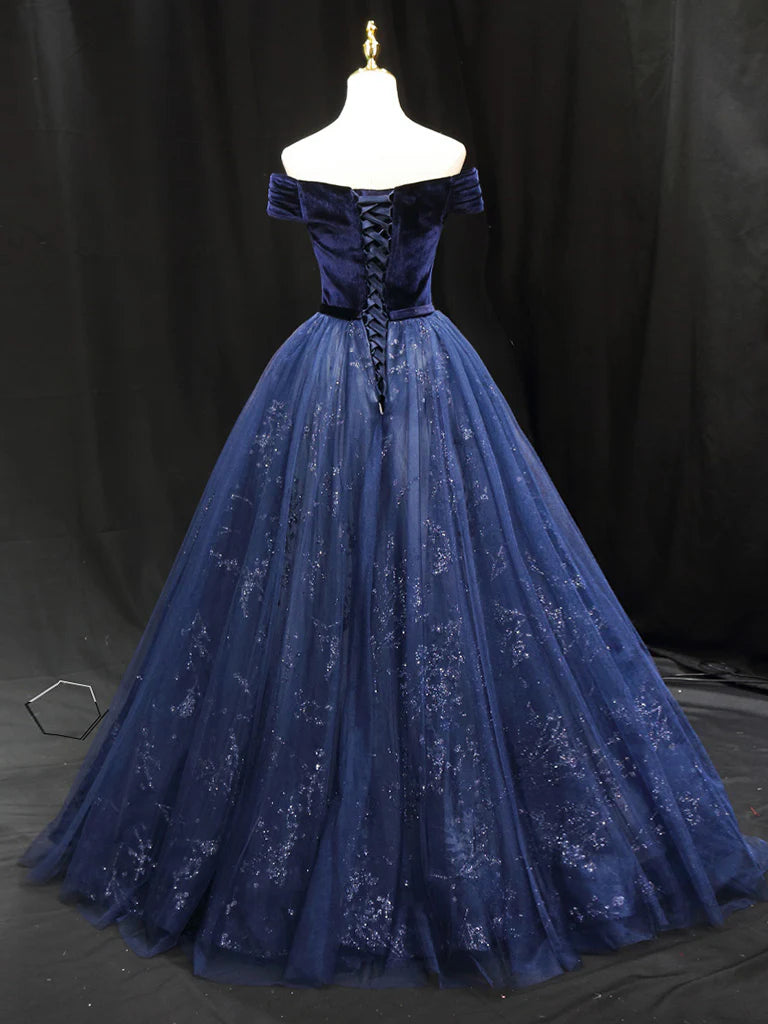 A-Linien-Ballkleid aus blauem Tüllsamt, langes Ballkleid, blaues Abendkleid ED0675