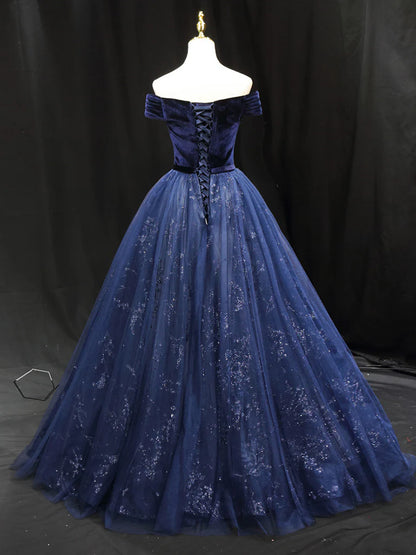 A-Linien-Ballkleid aus blauem Tüllsamt, langes Ballkleid, blaues Abendkleid ED0675