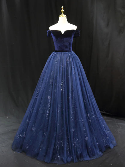 A-Linien-Ballkleid aus blauem Tüllsamt, langes Ballkleid, blaues Abendkleid ED0675