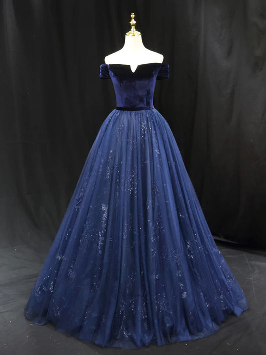 Robe de bal longue trapèze en tulle et velours bleu, robe de soirée formelle bleue ED0675