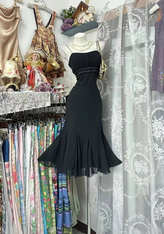 Chic Black Prom Dress Spagehtti Straps Sheath Party Dress Chiffon Sleeveless Birthday Dress ED06753