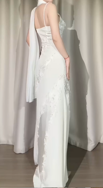 Chic White Prom Dress Straps Sheath Evening Dress Satin Sleeveless Birthday Dress ED06759