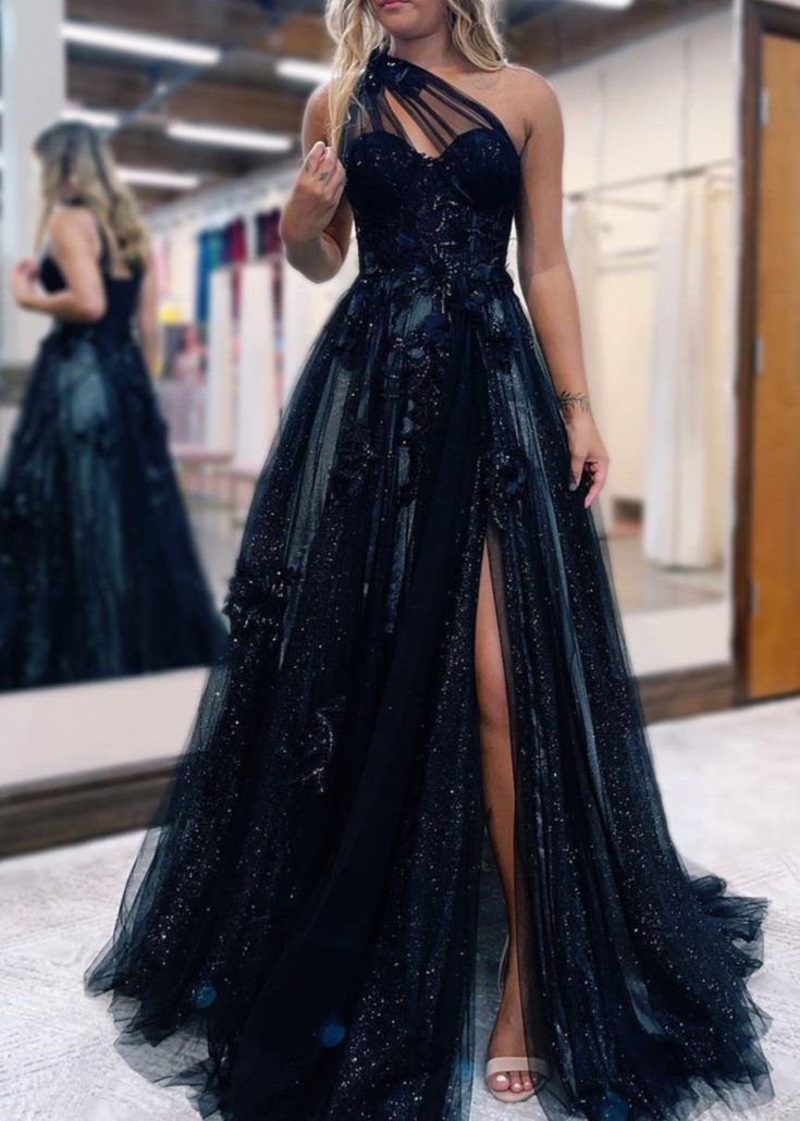 A-Line One Shoulder Tulle Lace Black Prom Dress, Black Long Evening Dress ED0676