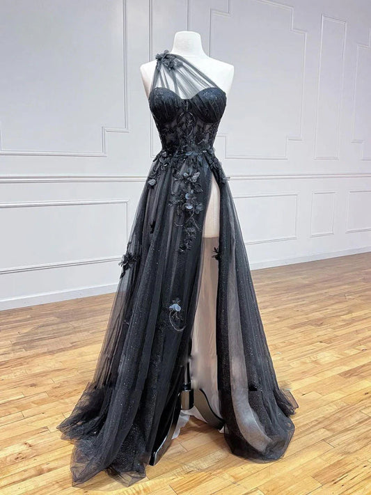 A-Line One Shoulder Tulle Lace Black Prom Dress, Black Long Evening Dress ED0676