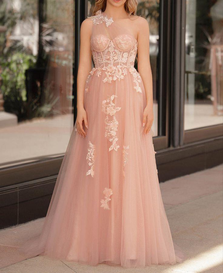 A-Line One Shoulder Tulle Lace Black Prom Dress, Black Long Evening Dress ED0676