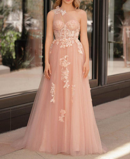 A-Line One Shoulder Tulle Lace Black Prom Dress, Black Long Evening Dress ED0676
