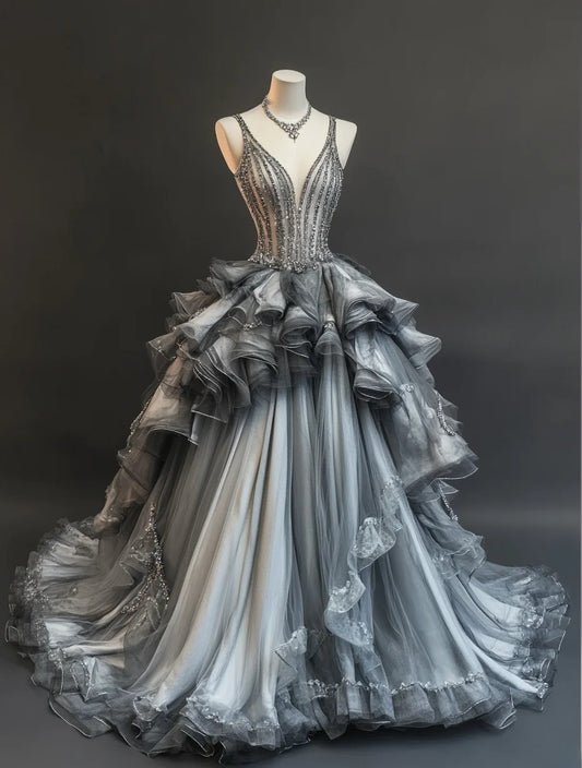 Chic Gray Prom Dress  Straps A-Line Evening Dress Tulle Sleeveless Birthday Dress ED06760