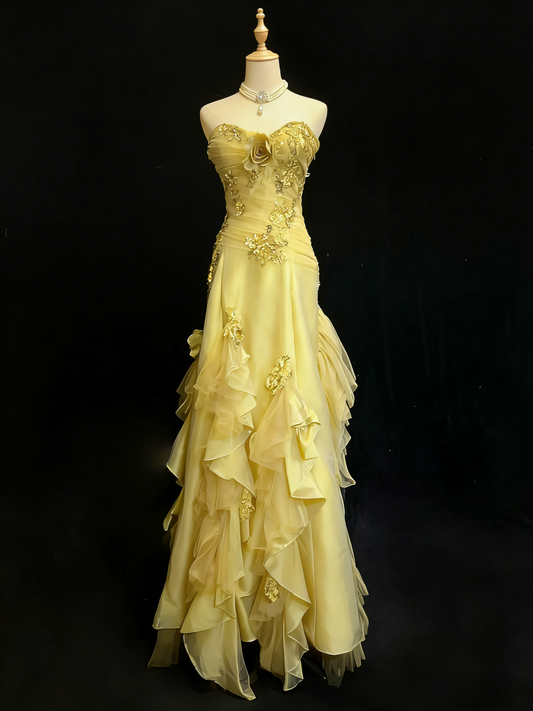 Fairy Yellow Prom Dress  Strapless A-Line Evening Dress Satin Sleeveless Birthday Dress ED06761