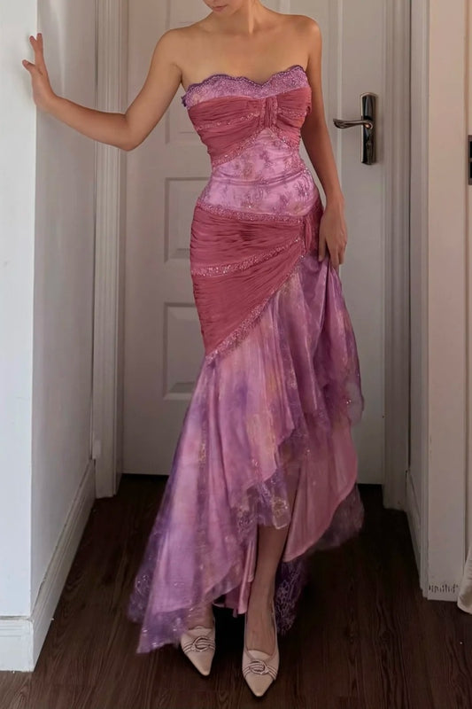 Fairy Pink Prom Dress  Strapless Sheath Evening Dress BeadedTulle Sleeveless Birthday Dress ED06763