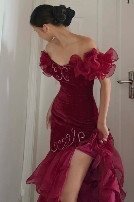 Fairy Red Prom Dress Off-shoulder Sheath Evening Dress Tulle Sleeveless Birthday Dress ED06764