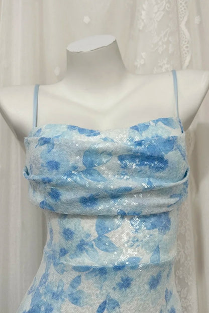 Fairy Blue Prom Dress Spaghetti Straps Sheath Evening Dress Sequins Sleeveless Birthday Dress ED06765