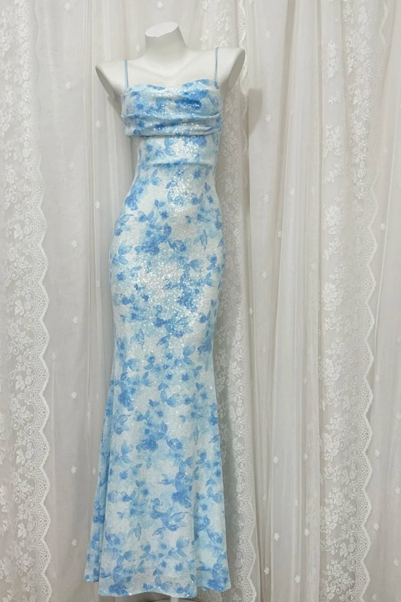 Fairy Blue Prom Dress Spaghetti Straps Sheath Evening Dress Sequins Sleeveless Birthday Dress ED06765