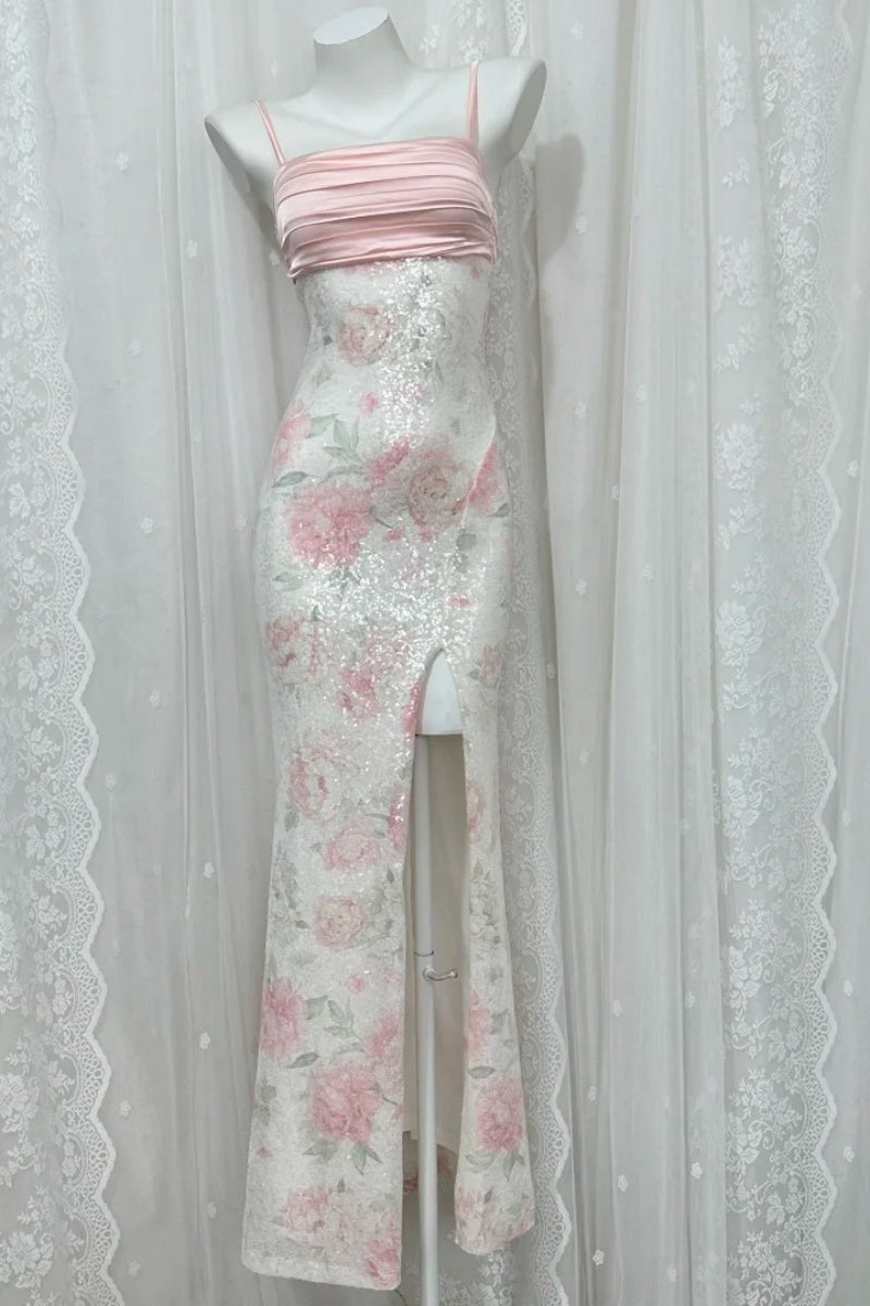 Chic Pink Prom Dress Sapghetti Straps Sheath Slit Evening Dress Sequins Sleeveless Birthday Dress ED06775