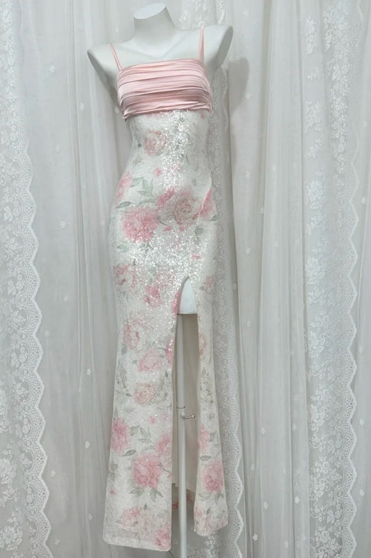 Chic Pink Prom Dress Sapghetti Straps Sheath Slit Evening Dress Sequins Sleeveless Birthday Dress ED06775