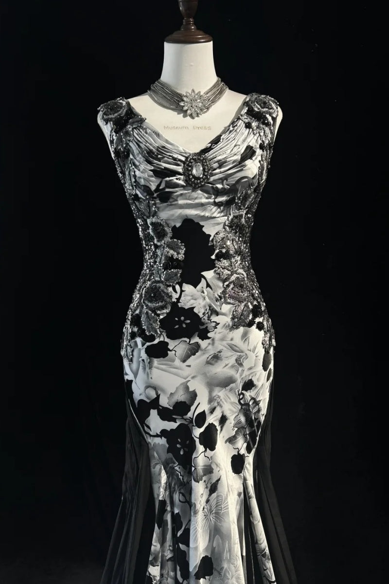 Vintage Black Floral Prom Dress V-neck Chiffon Sheath Evening Dress   ED06777