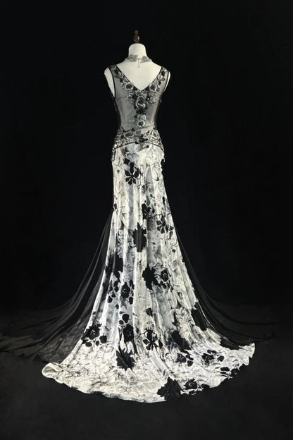 Vintage Black Floral Prom Dress V-neck Chiffon Sheath Evening Dress   ED06777