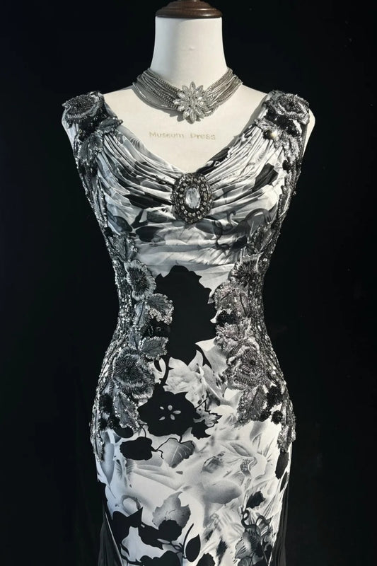 Vintage Black Floral Prom Dress V-neck Chiffon Sheath Evening Dress   ED06777