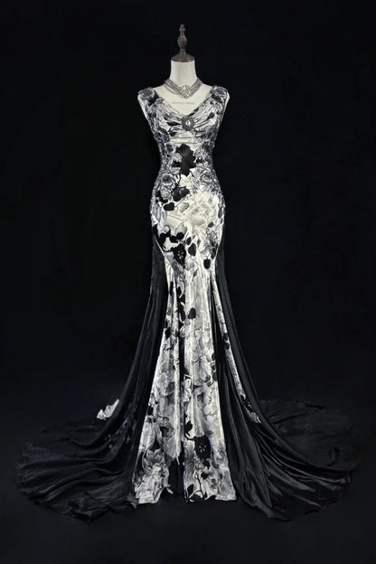 Vintage Black Floral Prom Dress V-neck Chiffon Sheath Evening Dress   ED06777