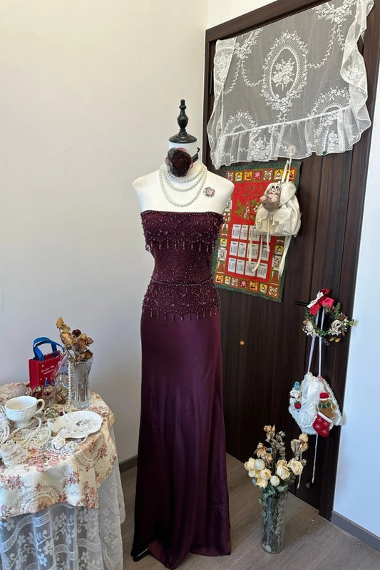 Vintage Grape Prom Dress Strapless Beaded Chiffon Sheath Evening Dress ED06778