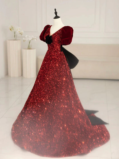 Burgunderrotes langes Ballkleid aus Samt mit Pailletten und V-Ausschnitt, Burgunderrotes Abendkleid ED0678