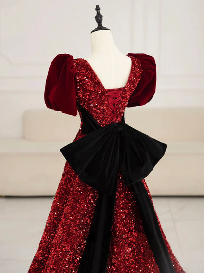 Burgunderrotes langes Ballkleid aus Samt mit Pailletten und V-Ausschnitt, Burgunderrotes Abendkleid ED0678