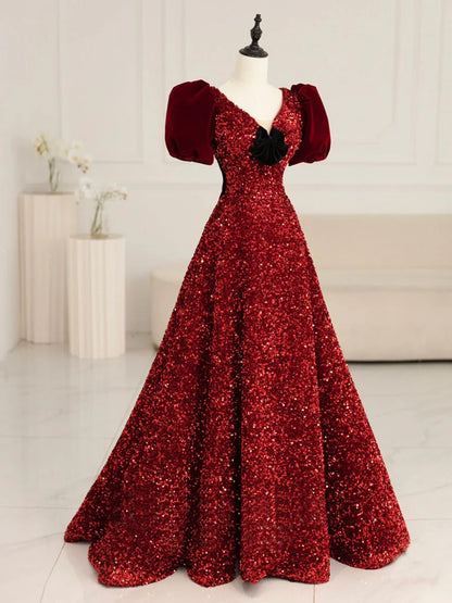 Burgunderrotes langes Ballkleid aus Samt mit Pailletten und V-Ausschnitt, Burgunderrotes Abendkleid ED0678