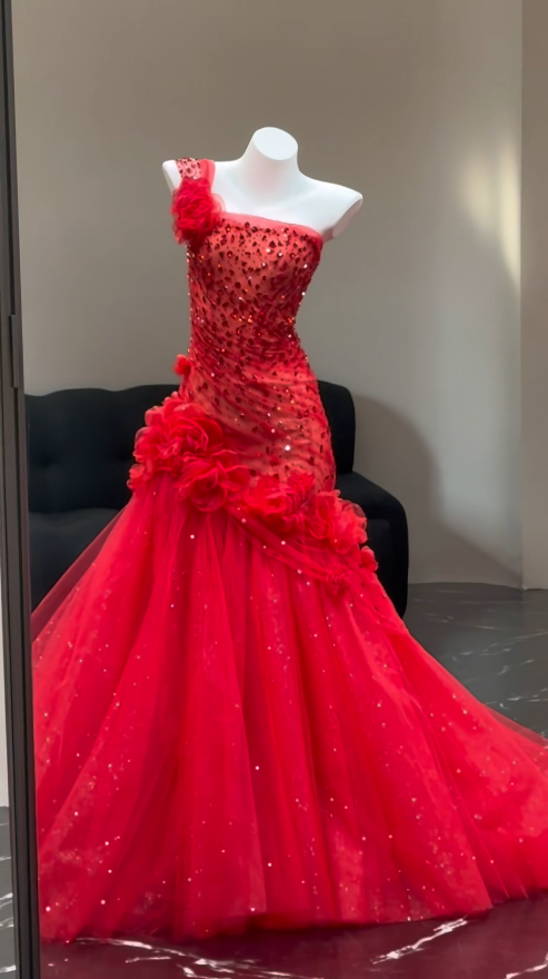 Vintage Red Prom Dress Tulle Sheath Strapless Evening Dress  ED06780