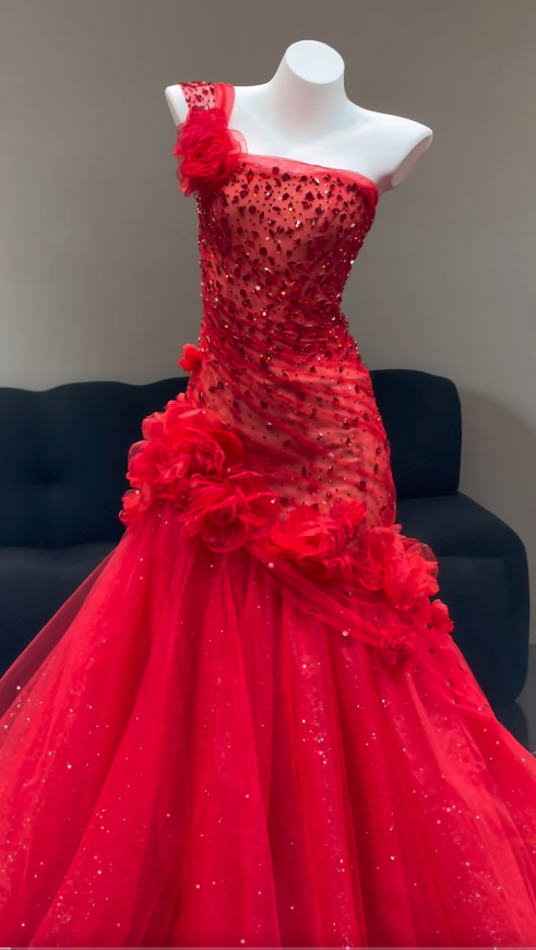 Vintage Red Prom Dress Tulle Sheath Strapless Evening Dress  ED06780