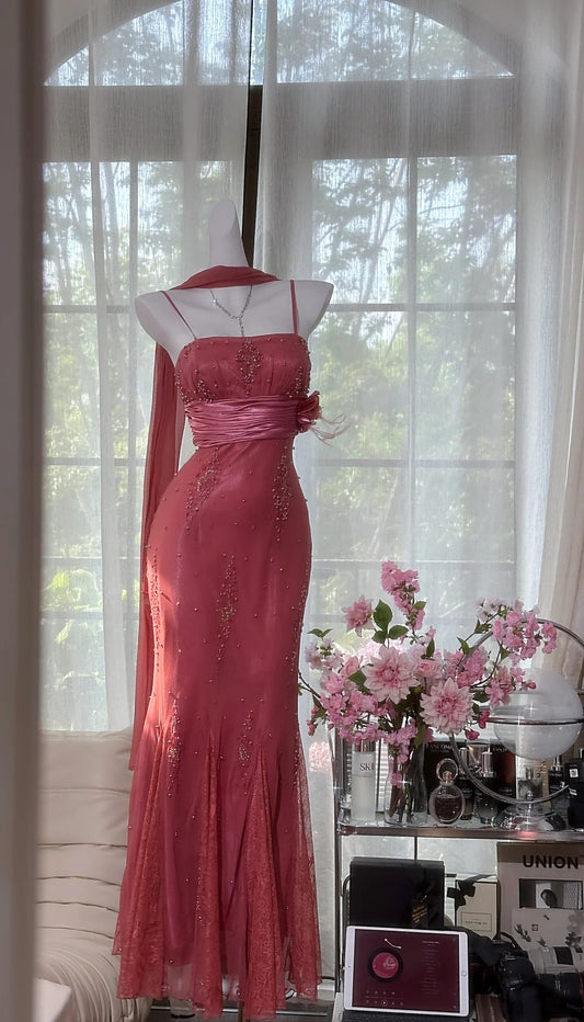 Gorgeous Watermelon Prom Dress Spaghetti Straps Mermaid Evening Dress Beaded Chiffon Birthday Dress  ED06781