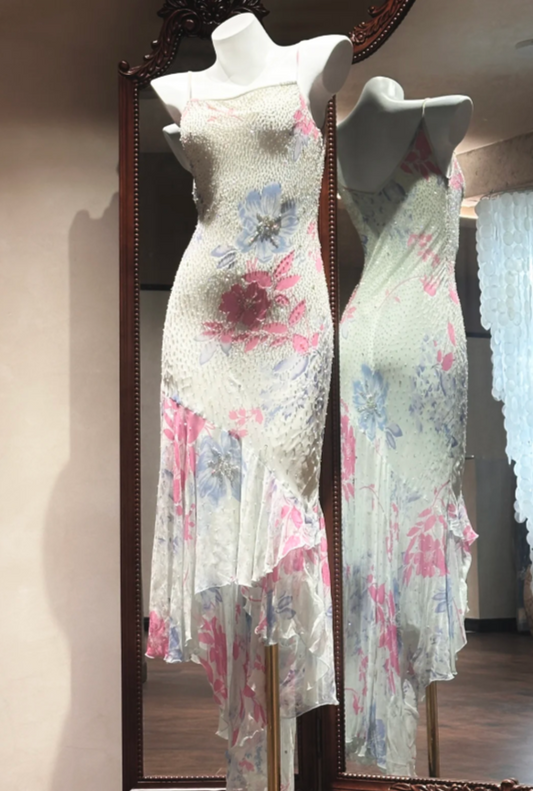 Chic Floral Prom Dress Spaghetti Straps Sheath Birthday Dress Chiffon Beaded Sleeveless Evening Dress  ED06783