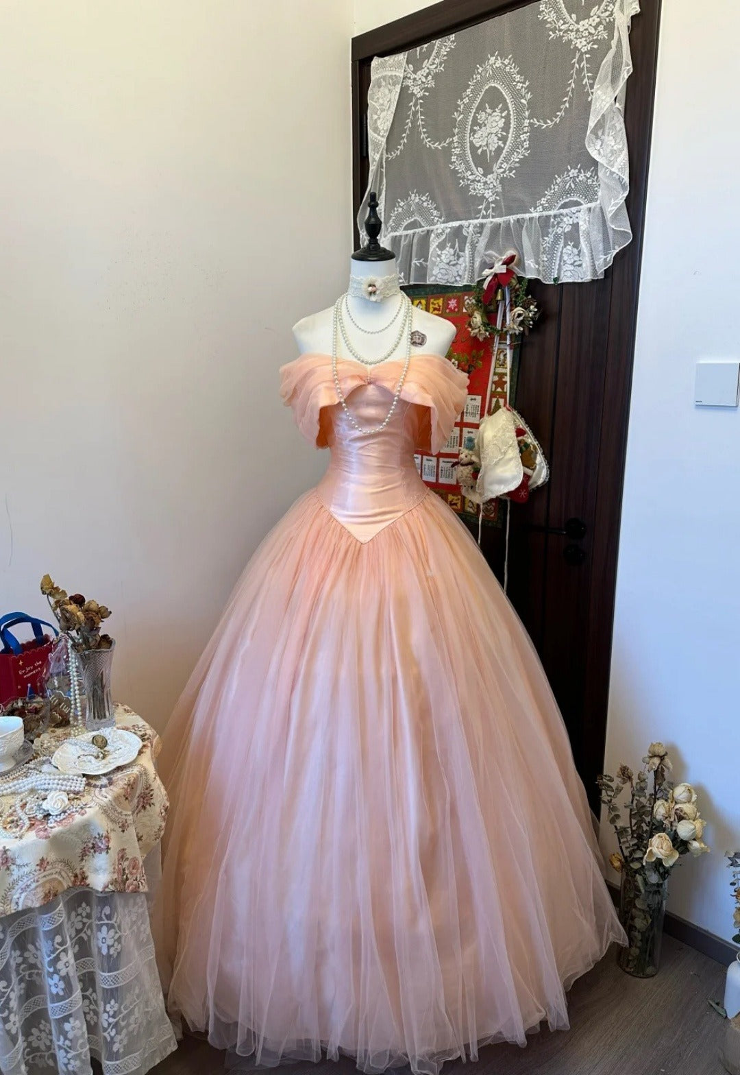 Chic Peach Prom Dress Off-shoulder A-Line Birthday Dress Tulle Sleeveless Evening Dress ED06789
