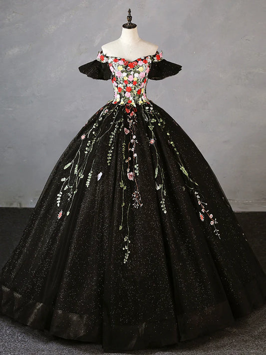 Black Off Shoulder Tulle Lace Long Prom Gown, Black Sweet 16 Dress ED0679