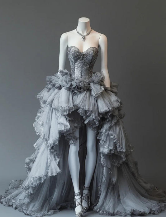 Chic Gray Prom Dress Sweetheart A-Line Birthday Dress Tulle Sleeveless Evening Dress ED06790