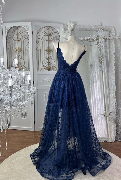Chic Navy Blue Prom Dress Spaghetti Straps A-Line Birthday Dress Lace Sleeveless Evening Dress ED06791