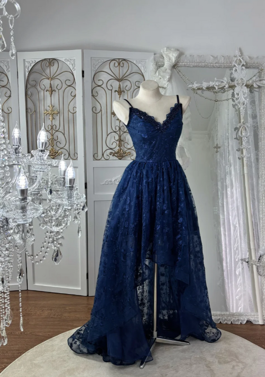 Chic Navy Blue Prom Dress Spaghetti Straps A-Line Birthday Dress Lace Sleeveless Evening Dress ED06791