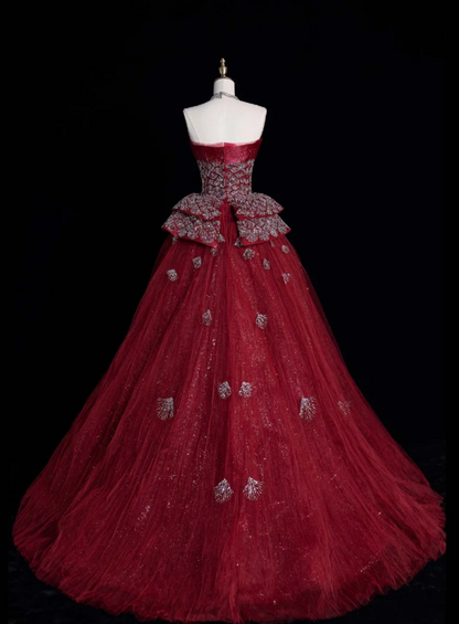 Chic Red Prom Dress Strapless A-Line Birthday Dress Tulle Sequins Sleeveless Evening Dress ED06792