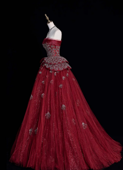 Chic Red Prom Dress Strapless A-Line Birthday Dress Tulle Sequins Sleeveless Evening Dress ED06792
