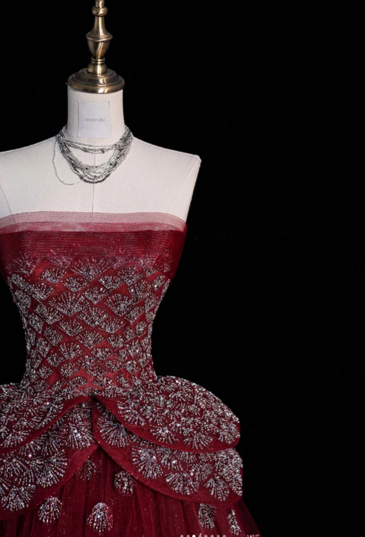 Chic Red Prom Dress Strapless A-Line Birthday Dress Tulle Sequins Sleeveless Evening Dress ED06792