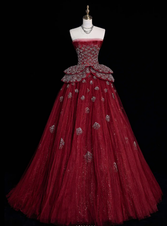 Chic Red Prom Dress Strapless A-Line Birthday Dress Tulle Sequins Sleeveless Evening Dress ED06792