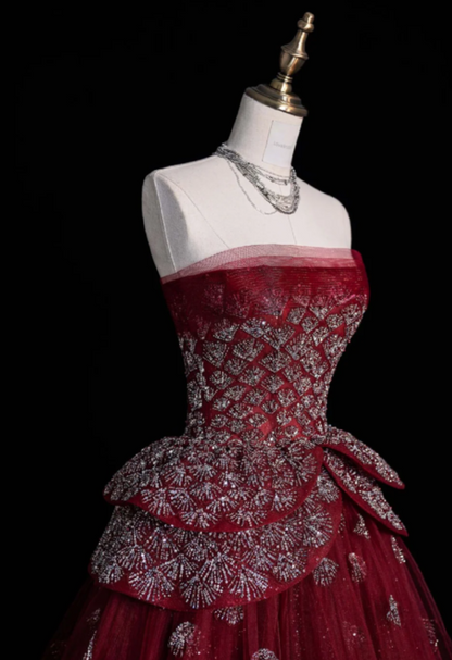 Chic Red Prom Dress Strapless A-Line Birthday Dress Tulle Sequins Sleeveless Evening Dress ED06792