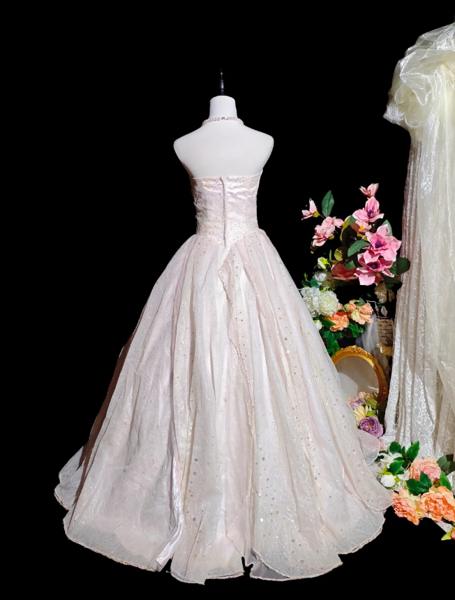 Chic Soft Pink Prom Dress Strapless A-Line Birthday Dress Tulle Sequins Sleeveless Evening Dress ED06793