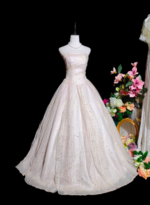 Chic Soft Pink Prom Dress Strapless A-Line Birthday Dress Tulle Sequins Sleeveless Evening Dress ED06793