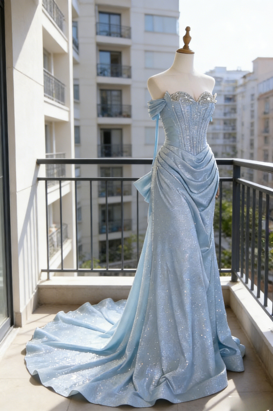 Chic Blue Prom Dress Off-shoulder Sheath Birthday Dress Satin Sleeveless Evening Dress ED06794