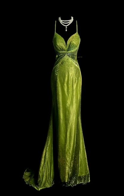 Chic Green Prom Dress Halter Sheath Birthday Dress Satin Sleeveless Evening Dress ED06796