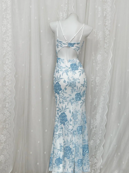 Chic Blue Prom Dress Spaghetti Straps Sheath Birthday Dress Sequins Sleeveless Evening Dress ED06798